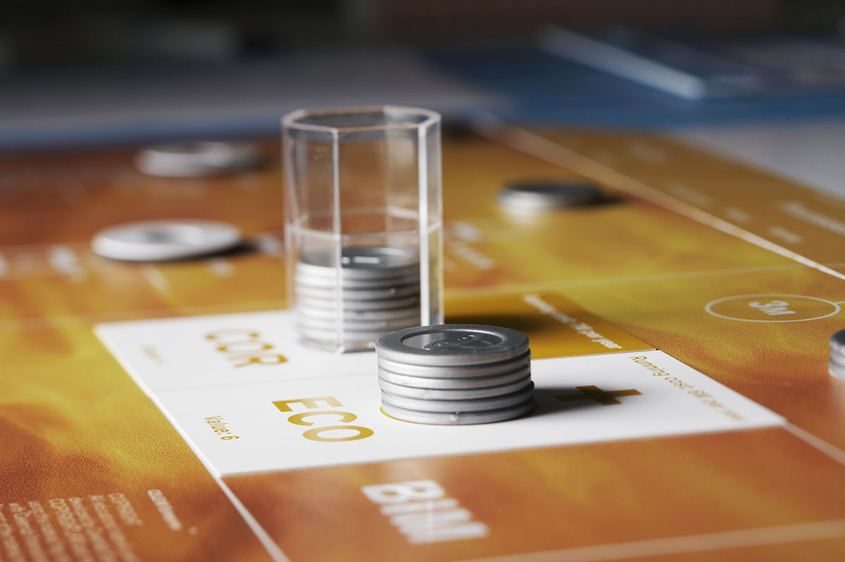 Close-up of coins of Celemi business simulation