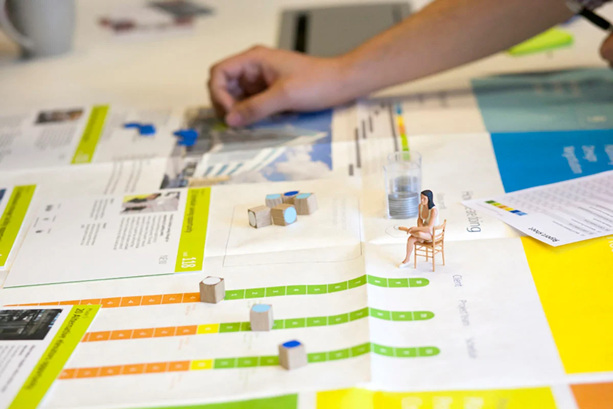 Close-up view of components for Celemi business simulation