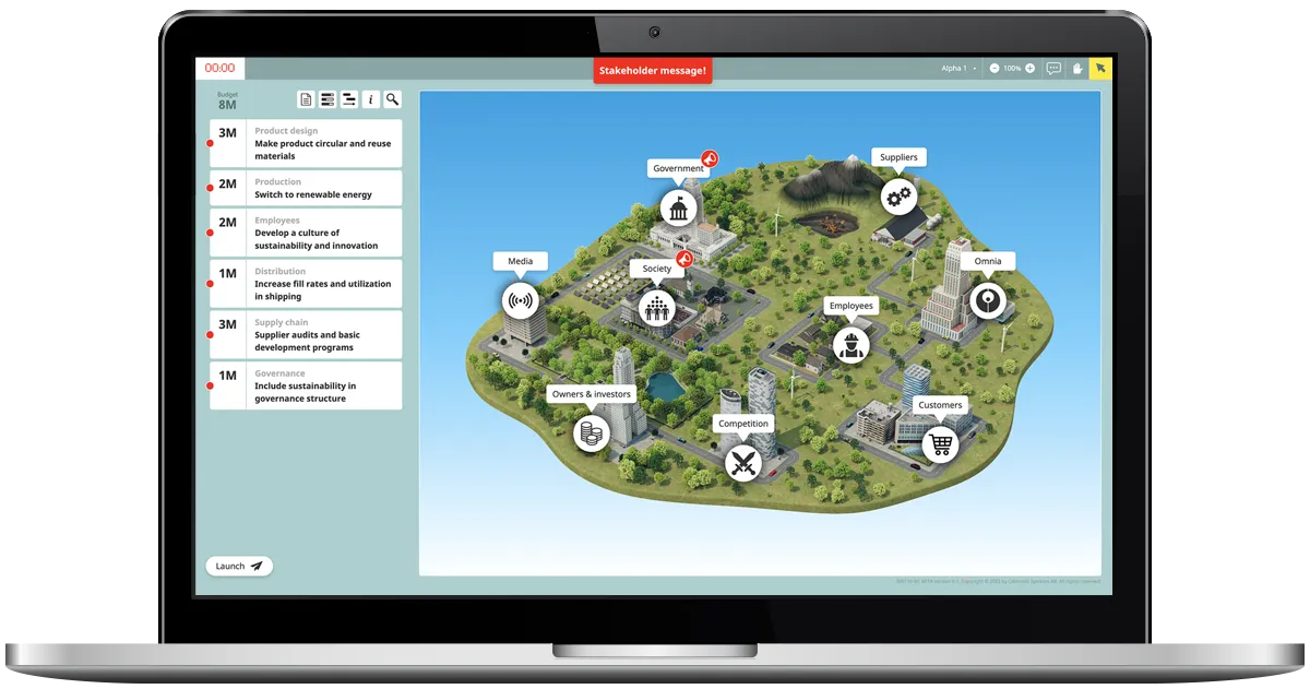 Laptop showing CELEMI Sustainability™ business simulation