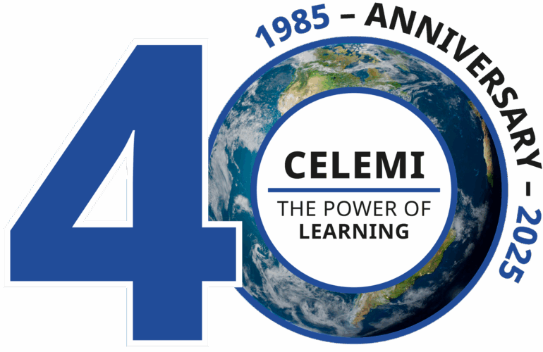 A 40th-anniversary graphic for "CELEMI" featuring a large "40" and a globe with "1985 - 2025."